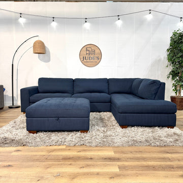 Miles Fabric Sectional with Ottoman, Navy Blue